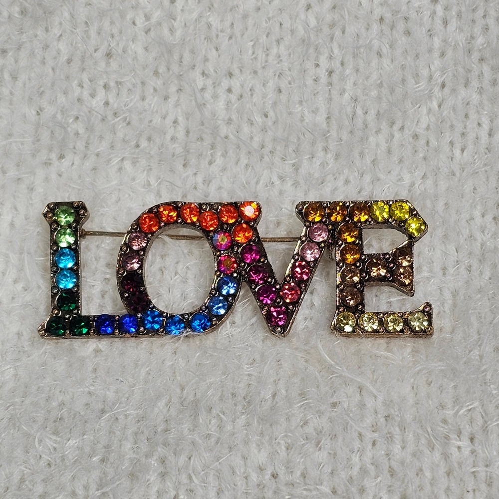 Rainbow Rhinestone LOVE Brooch Antique Gold Tone Multi Color Crystal Pin Jewelry